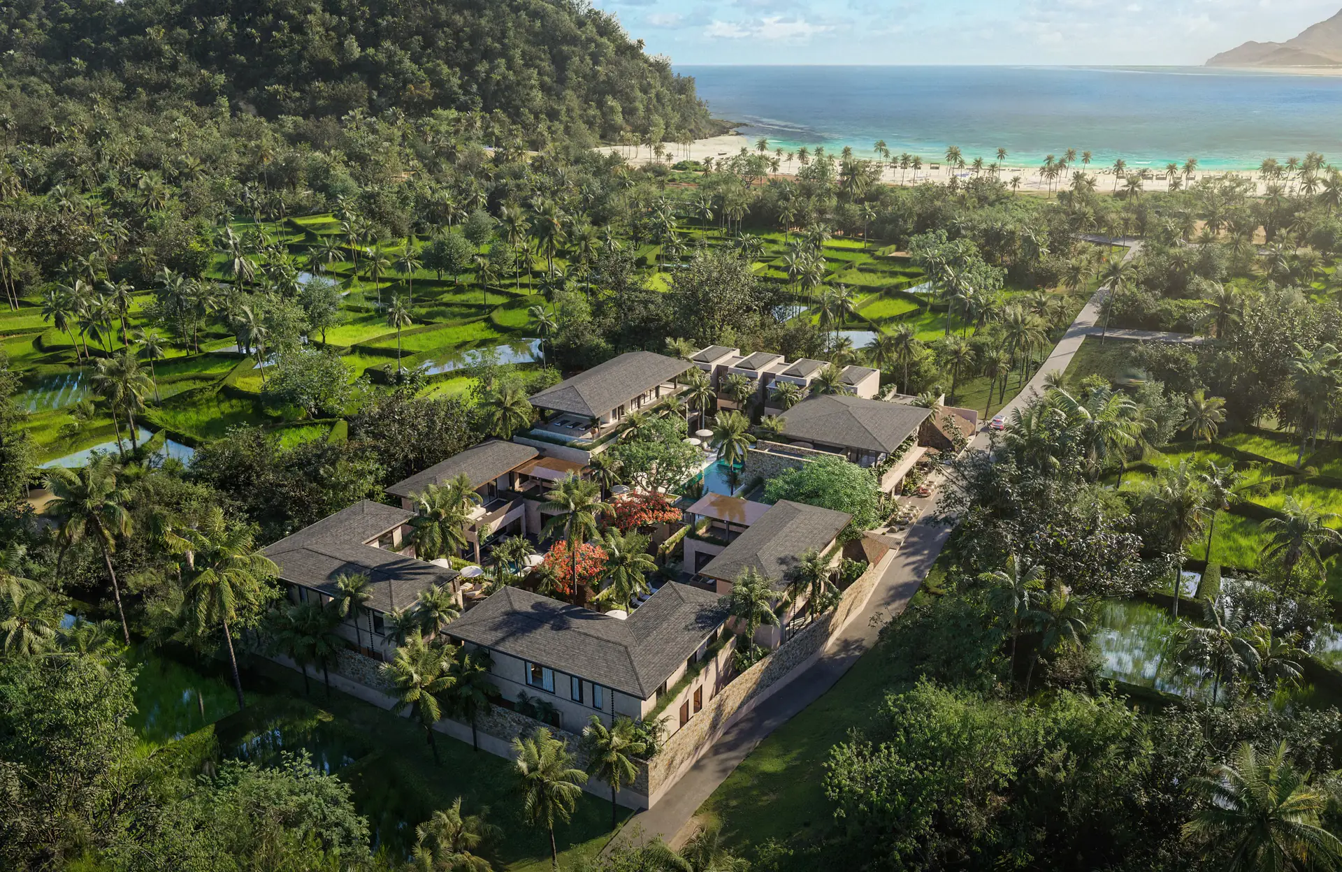 Aerial artist impression of the complete KAHAYA resort within the Selong Belanak landscape