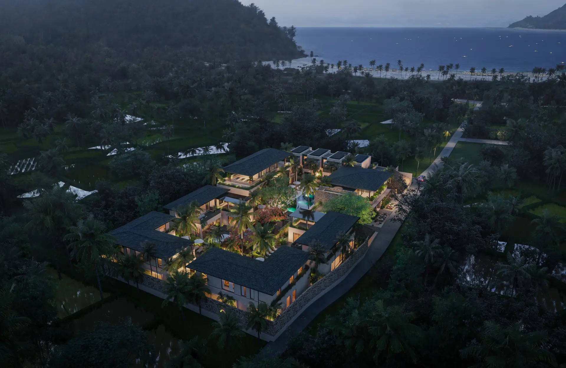 Night aerial artist impression of the complete KAHAYA resort